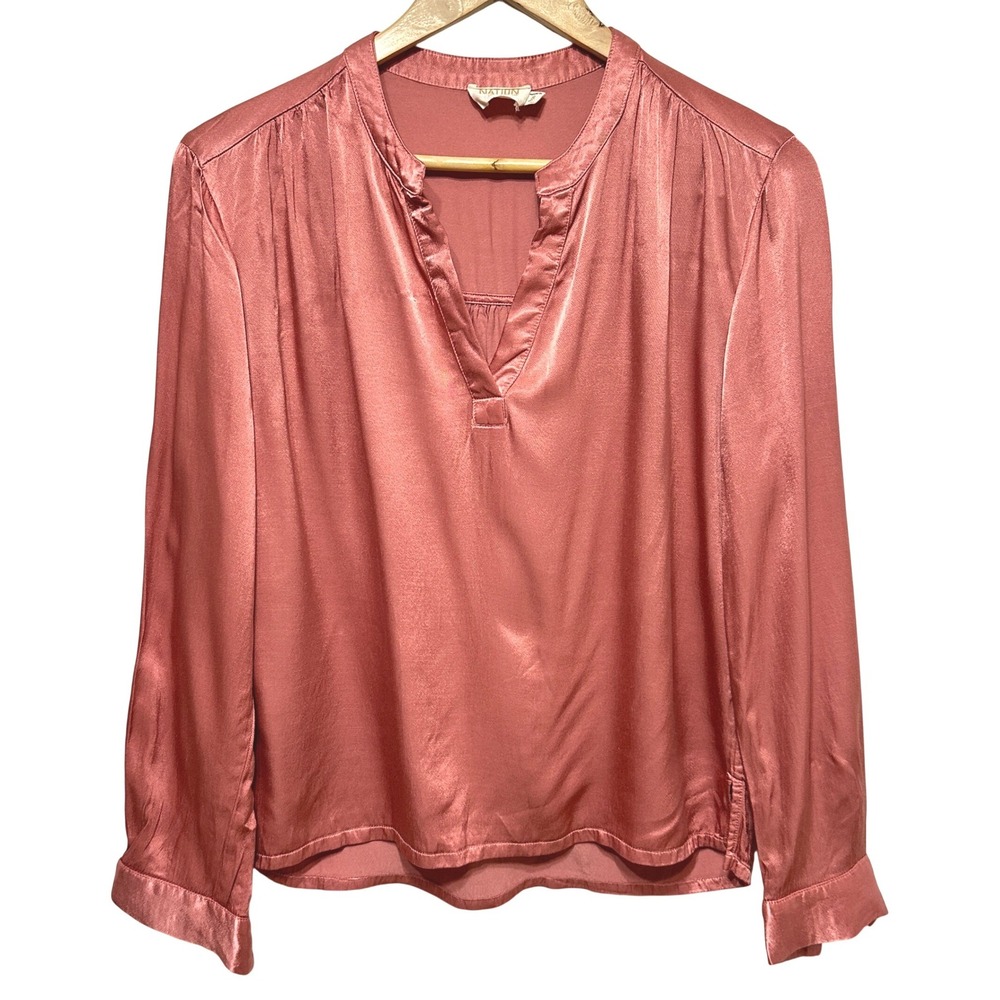 Nation LTD‎ Revolve Womens Satin V-Neck Blouse Long Sleeve Top Small Pink Dressy
